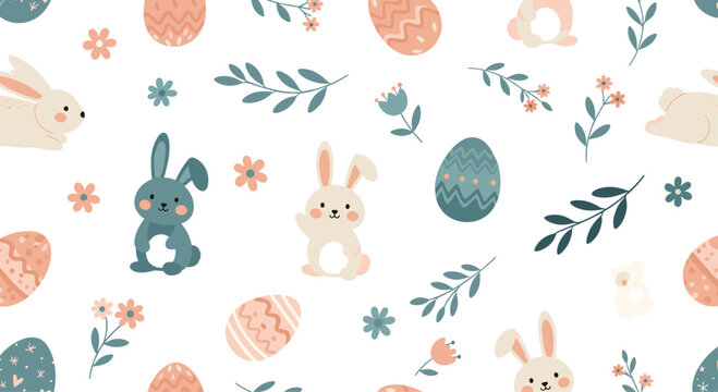 A repeating pattern with easter bunnies, easter eggs and flowers.