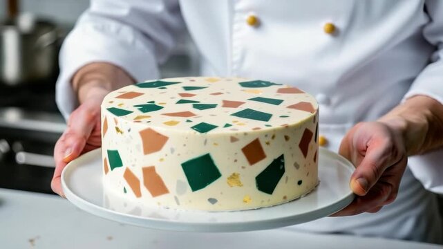 Modern terrazzo cake speckled icing, colorful chocolate shards, smooth glossy finish, geometric pastel design, artistic bakery creation, contemporary pastry style, clean minimal dessert aesthetics