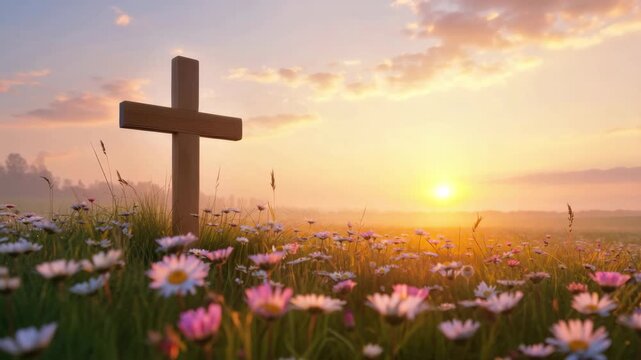Wooden cross in spring flower field at sunrise, peaceful dawn with daisies and soft morning light, Christian symbol of resurrection, hope, Easter faith, spirituality, calm sky and nature