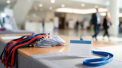 Conference registration badges, blank name tag, lanyards on table, event check-in