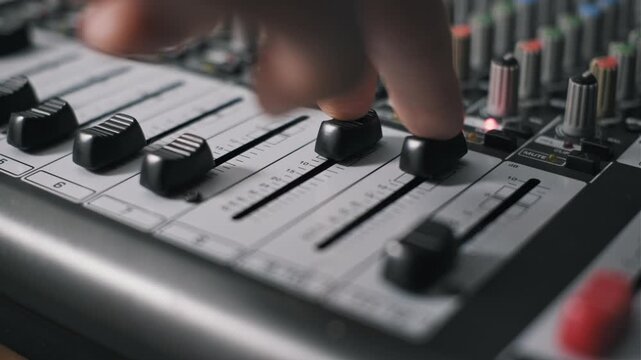 Angled side view of an engineer's hand adjusting two faders up and down on a professional soundboard. A blinking red light and other knobs are visible in the background of the studio.