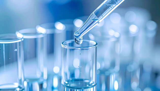 Pipette dripping clear solution into glass test tubes, laboratory, medical experiment in progress