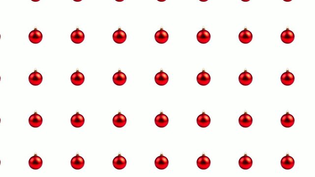 Seamless looping pattern of small red Christmas ball ornaments on a clean white background, video intro.