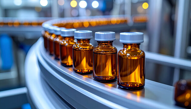 Amber medicine vials moving on automated conveyor belt in pharmaceutical manufacturing facility
