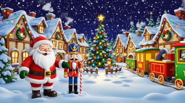 Festive christmas village illustration with santa claus and nutcracker