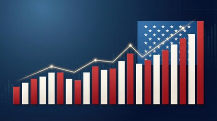 Rising US economy bar chart with American flag design, market growth concept