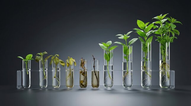 Seedlings growing in laboratory test tubes, plant biotechnology research concept