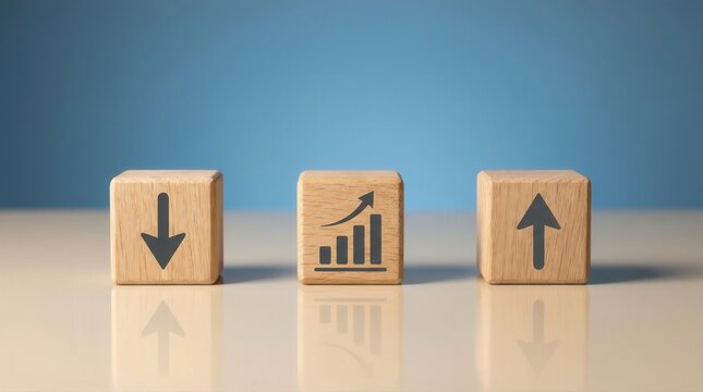 Wooden blocks showing down arrow, growth chart, up arrow, business trend choice