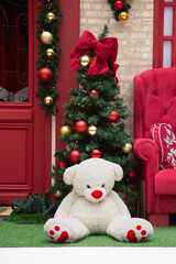 Christmas Decoration Scene with Teddy Bear and Festive Tree