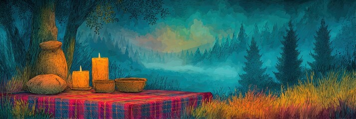 burns night table design, elegant burns night web banner with haggis, whisky, and candles, scottish table setup, red tartan tablecloth, warm lighting, misty highland landscape as background, clean