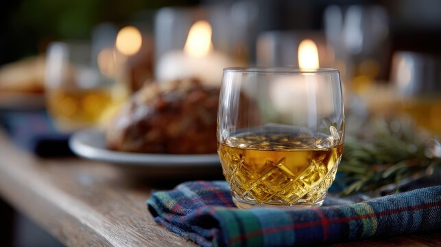 traditional scottish feast, pub dinner for burns night with traditional scottish dishes, whisky, tartan napkins, and people raising glasses in a cozy atmosphere