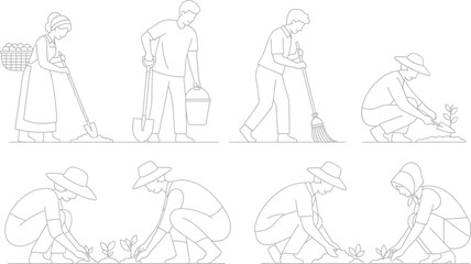 Set of line drawings depicting various gardening actions and poses in a sequence