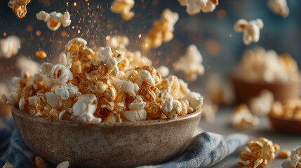 Popped corn flying from a wooden bowl on a textured background for Lohri  