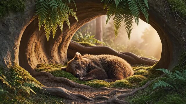 A sleepy bear cub yawns in its cozy, moss-filled den amidst a sun-dappled forest