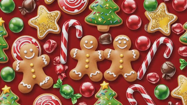 Festive holiday sweets collection with gingerbread men and decorations