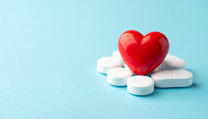 Obraz premium White tablets and bright red heart symbol on soft pastel blue background, healthcare and cardiology