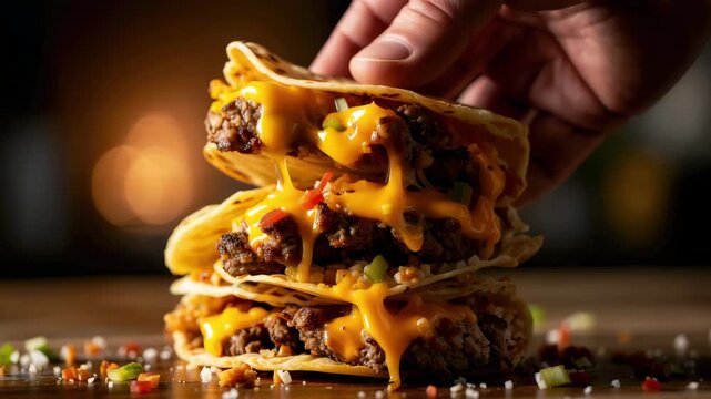 Juicy smash burger tacos with crispy edges and cheese pull, street food delight, hot griddle preparation, perfect for taco night, savory and flavorful, loaded with chili and pickles