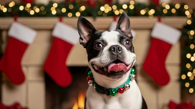 Cute boston terrier dog posing with Christmas jingle bells collar by fireplace with stockings for holiday greeting card