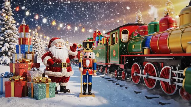 Festive scene with santa claus nutcracker and train amidst winter wonderland