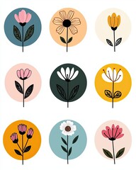 Simple Line Art Icons of Flowers in Round Shapes with Colorful Backgrounds for Modern Design Projects