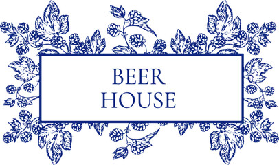 Watercolor banner border background toile de jouy featuring hop branches, cones and leaves, ideal for beer branding, brewing presentations or botanical and floral themed designs. Floral, leaves.