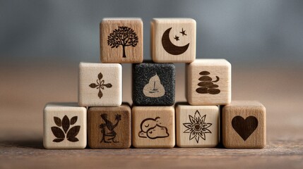 Wooden blocks with wellness icons representing health care, including fitness, nutrition, mental well being, personal development, and financial balance in natural setting