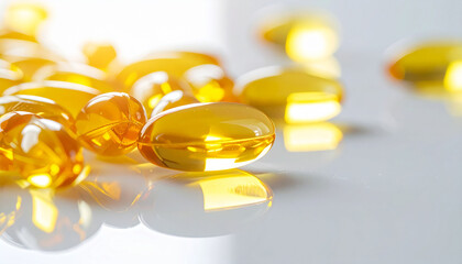 Yellow gel capsules on white surface, scientific and healthcare concept, clean minimal composition