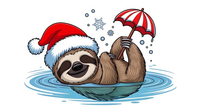 Happy sloth cartoon character enjoying a tropical christmas float with a santa hat and umbrella