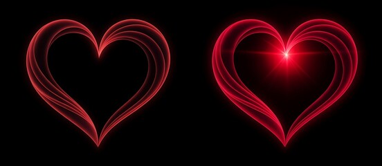 Two glowing red hearts on a black background, one with a bright light burst