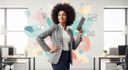 Confident businesswoman holding tablet in creative office