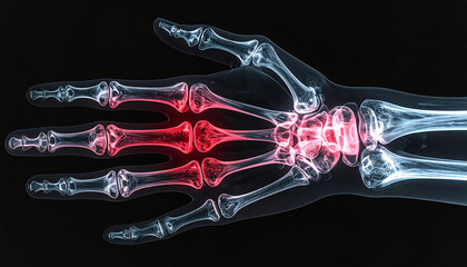 Detailed X-ray of human hand on black background, bones and joints highlighted in red, medical
