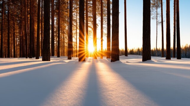 A serene winter landscape with sun rays shining through tall pine trees, casting long shadows over a blanket of fresh snow.