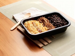 Black lunchbox with healthy fitness food.