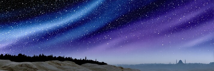 celestial website header, a dreamy, watercolor website header with a celestial theme gradient of purples, blues, and magentas with hand-painted stars and al-aqsa mosque