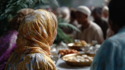 Fototapeta premium community meal gathering, a lively documentary-style captures a community coming together for a special meal after evening prayers for lailat al miraj the warm atmosphere is full of conversation