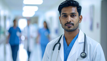 Male doctor wearing white coat and stethoscope in hospital corridor, professional healthcare