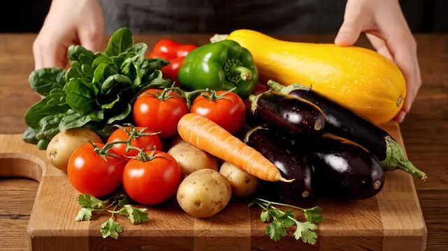 Fresh Assortment of Colorful Organic Vegetables on a Wooden Cutting Board