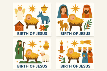 Fototapeta premium Nativity scene flat icon set. featuring jesus, mary, joseph, shepherd, wise men, angel, donkey, star, lamb, manger