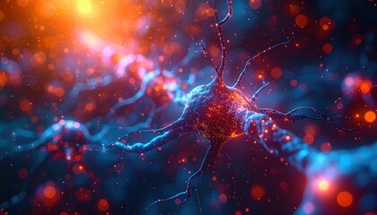 Abstract visualization of a glowing neuron transmitting electrical signals in a dark digital space