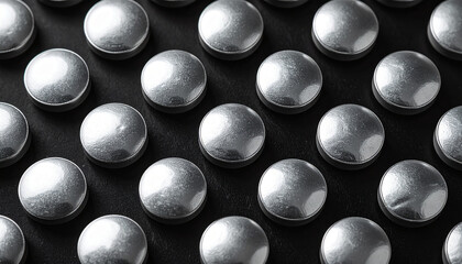 Silver pills laid out in perfect order on black backdrop, modern pharmaceutical imagery.