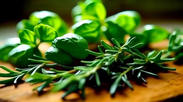 Close-Up of Fresh Ocimum Basilicum Leaves and Rosmarinus Officinalis Sprigs Showcasing Their Texture and Culinary Use