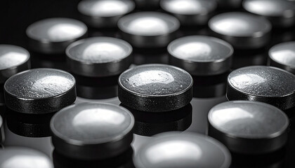 Silver pills laid out in perfect order on black backdrop, modern pharmaceutical imagery.