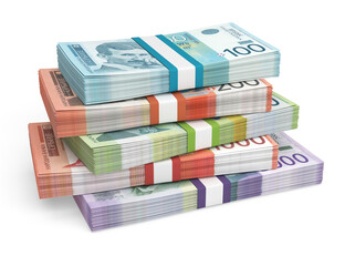 Stack of Serbian Dinar currency notes isolated on white background