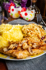 Traditional pork chop with mushrooms.