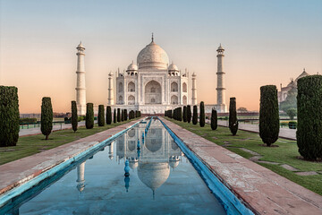 Taj Mahal sunrise view, famous mausoleum with reflection in Agra, Uttar Pradesh, India