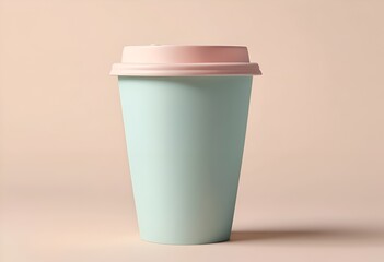 Blank turquoise coffee cup mockup with a pink lid against a pale pink background