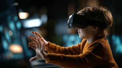Faceless child wearing VR headset exploring AI e learning defocused online education interface background virtual reality technology classroom futuristic digital learning - Powered by Adobe