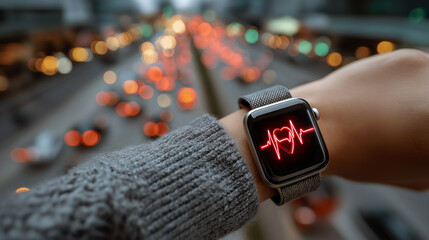 A close-up of a smartwatch with a heart monitor display, set against a blurred city traffic backdrop, highlighting technology and urban life.