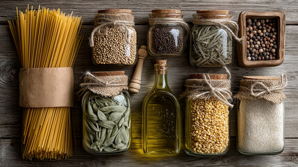 A rustic display of assorted dried pasta and spices in glass jars, complemented by olive oil, on a wooden table, evoking a cozy kitchen atmosphere.