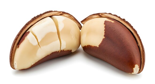 A Brazil nut split lengthwise to show the creamy white interior, isolated, extreme detail, copy space.